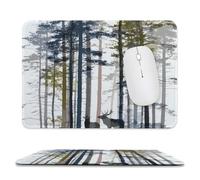 Cabin Watercolor Foggy Forest Non-Slip Base Mousepad,Realistic Rustic Misty Forest Trees Wildlife Deer Moose Stitched Edges for Decoration,Most Types of Mouse 9.4"x7.9"