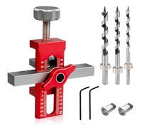 Cabinet Door Mounting Jig, Adjustable Hardware Positioner Tool with 3 Drill Bits, Aluminum Alloy Mount Cabinet Installation Locator, Woodworking Drilling Holding Clip for Quick and Accurate Setup, Red