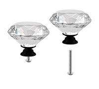 Cabinet Knobs Crystal 2PCS 50mm Clear Glass Diamond Shape Drawer Knobs Diamond Cabinet Dresser Pulls Door Knobs Cupboard Wardrobe Handles for Kitchen Office Cupboard Dresser Drawers (2PCS, Black)