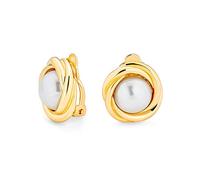 Cable Bezel Set Dome White Simulated Pearl Clip On Earrings For Women Non Pierced Ears Gold Plated