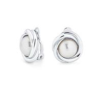 Cable Bezel Set Dome White Simulated Pearl Clip On Earrings For Women Non Pierced Ears Silver Plated
