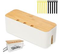 Cable Box, 32.5 x 13.5 x 12 cm Cable Management Box, Cable Organiser Box with Wooden Ceiling Storage Box with Ten Cable Storage Straps to Hide Messy Cables