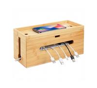 Relaxdays bamboo cable box, HWD: 16x34x13.5 cm, for 6-socket strip, cable organiser with lid & cable ties, natural