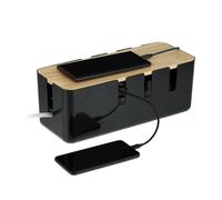 Relaxdays Cable Box, for 2 Socket Strips, Wooden Lid, Plastic, Hide, Organise Desk, HxWxD: 11.5 x 30.5 x 12.5 cm, Black