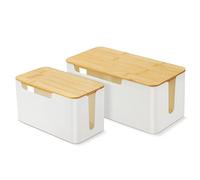 Cable Box, Pack of 2 Cable Organiser Box, Large and Small, Socket Box for Cable Management with Bamboo Lid and Rubber Feet, Storage Boxes, Hide Cables to Protect Children and Pets
