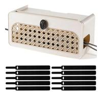 Cable Box with 10 Cable Organiser, Cable Management Box for Power Strip, Rattan Design Socket Box for Desk & TV, Cable Box for Hiding Cables, 30 x 14 x 13.5 cm, Cream White