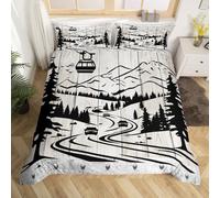 Cable Car Bedding Set Queen Size 3 Pcs,Black Mountain Pine Trees Silhouette Duvet Cover for Kids Teens Adults,Retro Wooden Stripes Rustic Farmhouse Comforter Cover with 2 Pillowcases,No Comforter