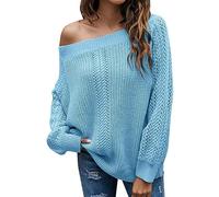 Cable Knit Jumper Women Sexy Off The Shoulder Knitted Jumpers Autumn Winter Pullover Holiday Sweaters Dressy Casual Fashion Knitwear Baggy Crochet Sweaters,Zb-Blue,M