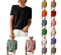 Cable Knit Jumper Women Spring Summer Short Sleeve Crew Neck Casual Solid Basic Knitted Sweater Pullover T-Shirt Loose Fit Thin Lightweight Knitwear Jumpers Work Tops for Women UK