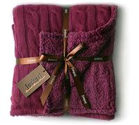 Cable Knit Sherpa Oversized Throw Reversible Blanket Faux Sheepskin Lined Cozy Cotton Blend Sweater Knitted Afghan in Grey White or Turquoise Blue (X-Large Maroon)