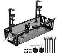 Cable Management, 39CM Long Under Desk Cable Management No Drill, Metal Cable Tidy with Clamp for Standing Desk, Cable Organiser for Home Office, Black