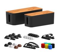 Cable Management Box 2 Pack with 16 Cable Clips Set-Large & Medium & Small Wooden Style Cable Organizer Box to Hide Wires&Power Strips | Cord Organizer Box | Cable Organizer for Home & Office [Black]