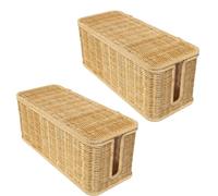 Cable Management Box - 2 Packs Handmade Rattan Cords Hider Box with Lid, 2 Open Slots Under Desk Cord Organizer Box for TV Computer USB HUB to Hides Power Strips and Cords, for Tidy Work Space, Home