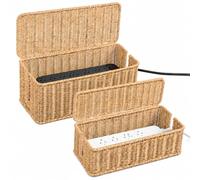 Cable Management Box Set of 2 Sizes, Handmade Rattan Cable Organizer with 2 Open Slots, Cord Hider for Power Strip, Router & USB Hub, Registered U.S. Design Patent (D1,112,102), Natural