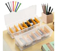 Cable Management Box with Lid - 2 Pcs Data Cable Tidy Case with 7 Compartments and 12 Pcs Cord Ties, Plastic Box for Charger Organiser, Transparent Desk Wire Tidy for Office, Home Charger Storage