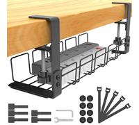 Cable Management Under Desk Tray No Drill, Table Cable Basket for Power Strips and Cables, No Screws Tidy Wire Organizer Clamp for Home, Office, Kitchen and Standing Desks, Black