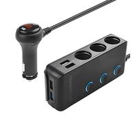 Cable Matters 3 Socket Car Power Adapter with 4 USB Ports and LED Display, 12V Multi Socket - 2 Fuses and Mounting Bracket Included
