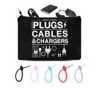 Cable Organiser Bag for Travel Charger Plugs Cosmetic Bags with Elastic Cable Ties Reusable for Women Men Black Chargers Cables Toiletry Organiser Pouch Tech Themed Gifts for Best Friends BFF
