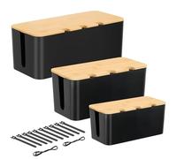 Cable Tidy Box 3 Pack Larger Desk Wire Organizer Box Cable Management Box Hiding Messy Cable Surface Wiring Power Strip Cord Management Storage Tray with Lid Lead Cover Box Large, Medium, Small -Black