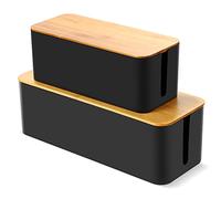 Cable Tidy Box, Larger Cables Organised Box, Set of 2 Cable Storage Box with Bamboo Lid for Hiding Messy Cables Wire Management 16"x 6.2"x 5.4" and 12.6"x 5.3"x 5.1"