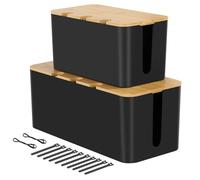 Cable Tidy Box, Set of 2 cable management box for Cable and Cord Management, Cable Storage Box with Bamboo Lid for Hiding Messy Cables Wire Management (White)