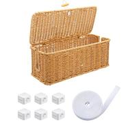 Cable Tidy Box WODSTA Rattan Cable Organizer with 2 Open Slots 6 PCS Cable Clips and Cable Management 33 cm Long Cable Management Box Tie Roll Tidies Away Messy Wires for 4 Gangs Sockets and Others