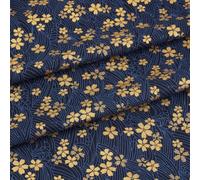 CABODYALS 1.5M Midnight Blue Floral Japanese Cotton Fabric by The Yard Gold Flower Cherry Blossoms Waves Print Fabrics Sakuras Quilting Bundle for Sewing Making Dress Bag Clothing Accessories Craft