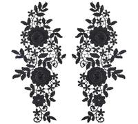 CABODYALS 1 Pair Black Embroidery Lace Applique Flower Rose Boho Vintage Embroidered Appliques Trim Polyester Floral Sew on Pathes for Sewing Making Cloth Bag Jeans Crafts Accessories Supply