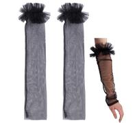 CABODYALS 1 Pair Black Tulle Arm Sleeves Puff Lace Gloves Gothic Sheer Mesh Removable Puffy Fingerless Detachable Long Vintage Floral Edging Punk Glove for Women Wedding Lolita Gowns Dresses Birthday