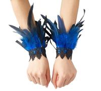 CABODYALS 1 Pair Blue Feather Lace Gloves for Women Cosplay Accessories | Floral Angel Wings Novelty Cuffs Wrist Bracelet Gothic Mesh Wristband Swan Witch Arm Sleeve for Halloween Party Performances