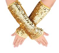 CABODYALS 1 Pair Gold Sequin Long Gloves Glitter Metallic Sequins Elastic Fingerless Glove Shiny Sparkly Stretchy Oversleeves Rave Arm Sleeves Bulk for Women Evening Party Cosplay Dance Accessories