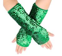 CABODYALS 1 Pair Green Sequin Gloves Glitter Fingerless Sequins Stretchy Long Arm Sleeves Sparkly Shiny Elastic Oversleeves Rave Dance Glove Bulk for Women Party Costumes Stage Performance Accessories