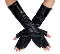 CABODYALS 1 Pair Long Patent Faux Leather Black Gloves Fingerless Metallic Punk Glove Costumes Sexy Half Finger Rock Stage Cool Mittens Bulk for Women Party Cosplay Performance Birthday Halloween