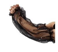 CABODYALS 1 Pair Pearls Beaded Mesh Puff Arm Sleeves Glove Black Pearl Removable Detachable Breathable Tulle Puffy Lace Sleeves Gloves for Women Wedding Dresses Gowns Party Birthday Strapless