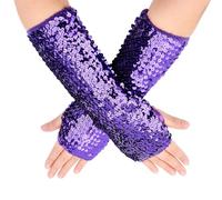 CABODYALS 1 Pair Purple Sequin Fingerless Gloves Sparkly Sequins Stretchy Long Arm Sleeves Elastic Glitter Oversleeves Rave Dance Glove Bulk for Women Party Costume Performance Halloween Accessories