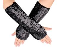 CABODYALS 1 Pair Sequin Fingerless Gloves Black Glitter Stretchy Arm Sleeves Sparkly Shiny Sequins Oversleeves Elastic Long Rave Gloves Bulk for Women Evening Party Costume Dance Accessories