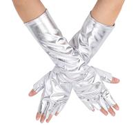 CABODYALS 1 Pair Silver Long Fingerless Gloves Sparkle Metallic Patent Leather Costume Punk Glove Halloween Sexy Half Finger Rock Stage Shiny Mittens Bulk for Women Party Cosplay Birthday Wedding