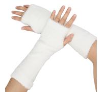 CABODYALS 1 Pair White Furry Fingerless Gloves Winter Long Soft Half Finger Warm Hand Wrist Mittens Faux Fur Arm Warmers Sleeves with Thumb Hole for Women Writing Typing Cycling Accessories Gifts