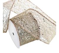 CABODYALS 10 Yards 63mm Brown Glitter Mesh Ribbon Gold Wire Edge Web Trim Sparkling Metallic with Sequins Spools Fabric Wide Ribbons for Gift Wrapping Christmas Tree Wreath Party Decorations Diy Craft