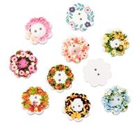 CABODYALS 100Pcs 19mm 2 Holes Flower Wooden Painted Buttons Floral Hollow Sewing Flat Round Florals Wreath Printed White Pink Natural Bulk for Sewing Making Crafting Scrapbooking Clothing Supply