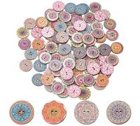 CABODYALS 100PCS 20MM Mixed Colour 2 Holes Wood Floral Buttons Sew on Vintage Flower Pattern Ethnic Assorted Wooden Round Retro Decorative Button for Sewing Making Knitting Crocheting Diy Crafts