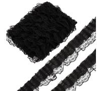 CABODYALS 10M 46.5mm Black Gathered Lace Ribbon Double Layer Ruffled Edge Stretch Trim Organza Floral Pattern Versatile Fabric Ribbons for Sewing Making Wedding Embellishment Diy Craft Gift Wrapping