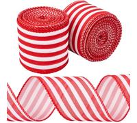 CABODYALS 10M Red White Striped Ribbons Christmas Single Face Printed Polyester Fabric Grosgrain Strip Edging Wired Satin Ribbon for Gift Wrapping Wreath Making Festival Decor Diy Craft Supply