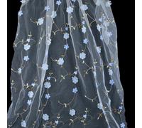 CABODYALS 130CM White Embroidered Blue 3D Flower Netting Tulle Fabric Vintage Floral Mesh Lace Cloth Sheer Soft Transparent Decorative Fabrics for Sewing Wedding Dresses Clothes Decor Home Diy Craft