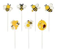 CABODYALS 14Pcs 7 Styles Gold Wooden Bee Picks Cute Bees Nectars Spring Summer Theme Honeybee Wood Decorative Flowers Single Side Pick Bulk for Home Vase Filler Farmhouse Gifts Decorations Diy Crafts