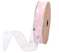 CABODYALS 18.29M 25mm Pink Star Ribbon Sheer Organza Silver Stars Print Chiffon Silk Transparent Sparkly Pastel Ribbons with Spool for Sewing Making Crafts Gift Wrapping Wreaths Bouquet Diy Supply