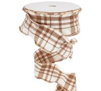 CABODYALS 18.29M 38mm Brown and White Plaid Wired Ribbon Tan Pleated Gingham Tartan Versatile Polyester with Spool Fabric Ribbons for Making Bows Gift Wrapping Home Decoration Flower Diy Craft Supply