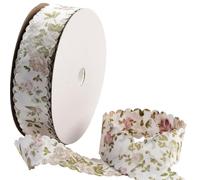 CABODYALS 18M 25mm Flower Print Wired Ribbon White Spring Floral Pattern Soft Double Sided Fabric Vintage Wavy Edge Polyester Ribbons with Spool for Sewing Making Craft Bouquet Gift Wrapping Wedding