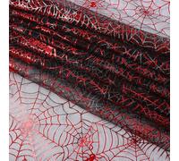 CABODYALS 2.09M Red Spider Web Fabric Tulle Breathable Glitter Mesh Gothic Cloth Polyester Black Sheer Sparkle Gauze Fabrics for Sewing Making Clothing Accessory Halloween Home Party Decor Diy Craft