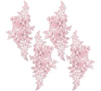 CABODYALS 2 Pairs 4Pcs Pink Floral Embroidery Applique Beaded 3D Flower Rhinestone Appliques Polyester Lace Pearl Crystal Sew on Patches for Sewing Making Clothes Wedding Gowns Accessories